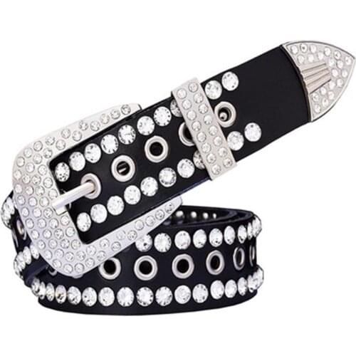 5 Colors Rhinestone Belt Punk Hollow High Quality Genuine Leather Men‘s Belt Western Cowboy Unisex Bling Diamond Belt For Woman