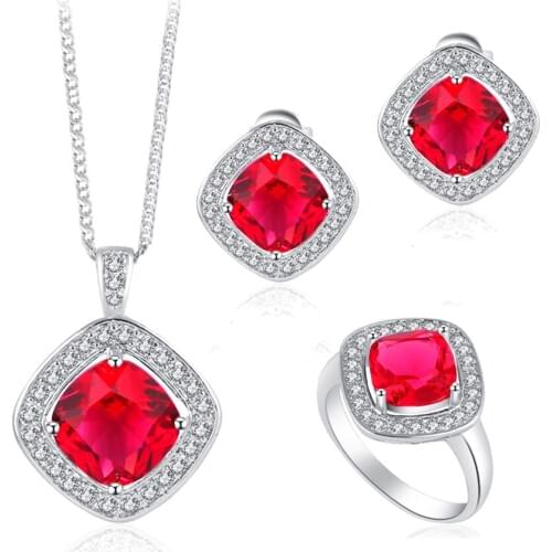 ROLILASON Garnet Red Zirconia Square Fashion jewelry filled Jewelry Sets Earrings Necklace rings JS637