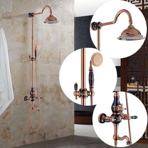 Luxury Rose Gold Brass Shower Faucet Set Single Ceramic Handle Tub Mixer Hand Shower Free shipping Wholesale And Retail