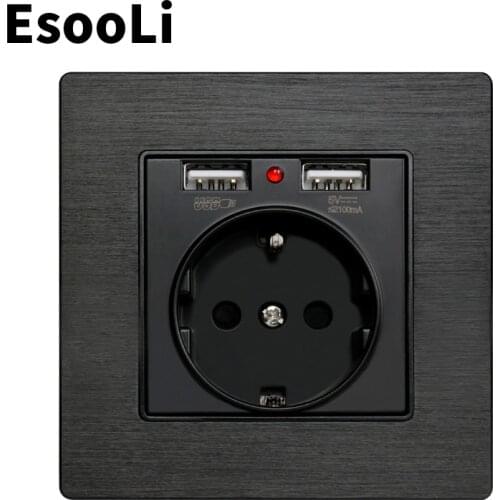 EsooLi Black Aluminum Metal Panel Dual USB Charging Port 2.1A 16A Russia Spain Wall Socket EU Power Outlet R8 Series