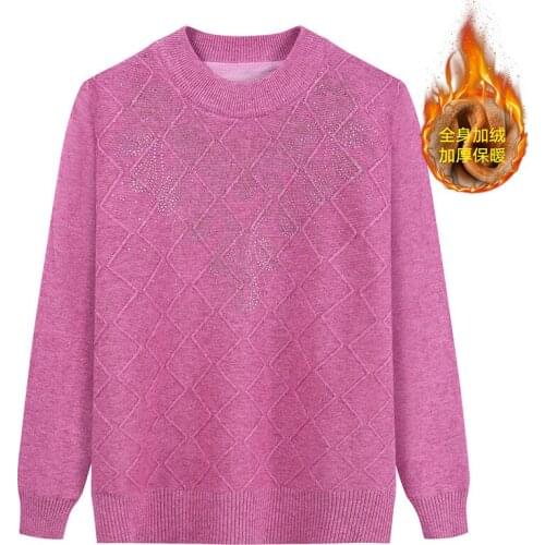 Middle-aged Women Plus Size Warm Knitted Bottoming Shirt Long Sleeve Round Neck Plaid Printing Sweater Autumn Winter Thick Tops
