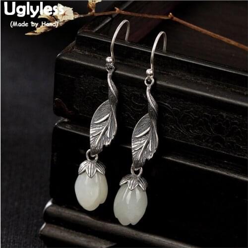 Uglyless Retro Thai Silver Leaf Earrings for Women Real 925 Silver Flower Magnolia Earrings Natural Jade Floral Fine Jewel E1326
