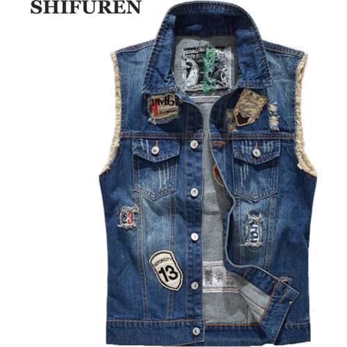 SHIFUREN Ripped Denim Vest Men Fashion Patch Designs Cowboy Frayed Jeans Sleeveless Jackets Punk Rock Motorcycle Waistcoat