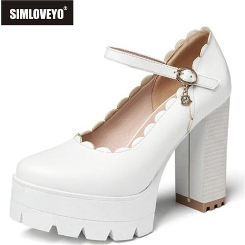 SIMLOVEYO 2021 Concise Ladies Pumps Mary Janes Platform Ruffles Party Buckle Strap Round Toe Chunky Heel Shoes Black White A4527