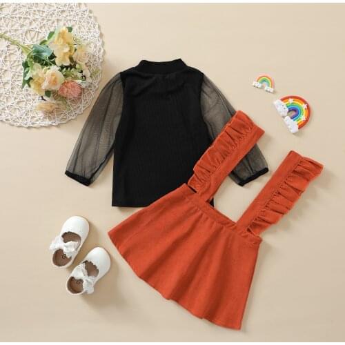 1-6Y Fashion Kids Girls Clothes Sets 2pcs Solid Lace Mesh Puff Sleeve Tops Corduroy Ruffles Suspenders Skirt