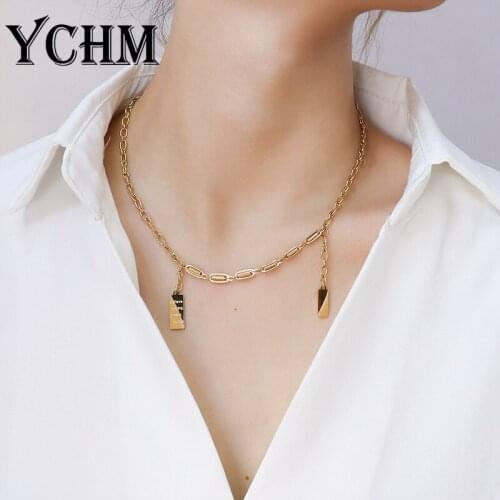 YCHM Spring Box Chain Necklace Creative Stainless Steel Square Tassel Pendant Necklace Women Gold Plated Fashion Jewelry