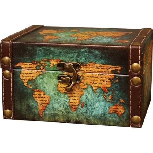 Vintage Storage Decorative Suitcase Small Retro Wooden Box Casket Lock Desktop Storage Box Finishing Muhe Jewelry Box Green Map