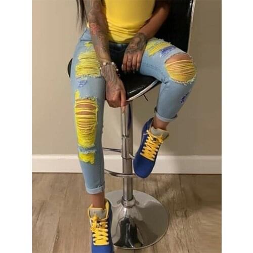 2020 Fashion Women Summer Elegant Denim Colorblock Ripped Cutout Casual Pants Lady Plus Size Jeans Oversize Jeans