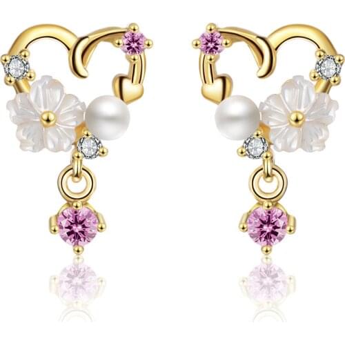 100% 925 Sterling Silver Sweet Flower Plastic Pearl Crystal Ladies Stud Earrings Wholesale Jewelry For Women Wedding Gift