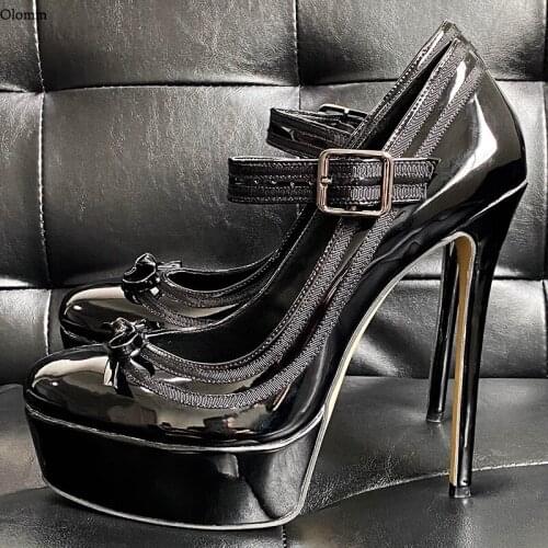 Olomm 2021 Handmade Women Spring Shiny Pumps Knot Sexy Stiletto High Heels Round Toe Black Party Shoes Women US Plus Size 5-20