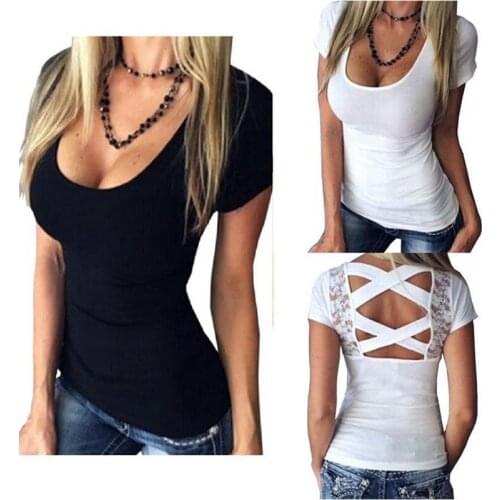 Ladies 2021 Sexy Low Cut Short Sleeve Lace Patchwork Back Cross Lacing Commuter Top T-Shirt Bed Top