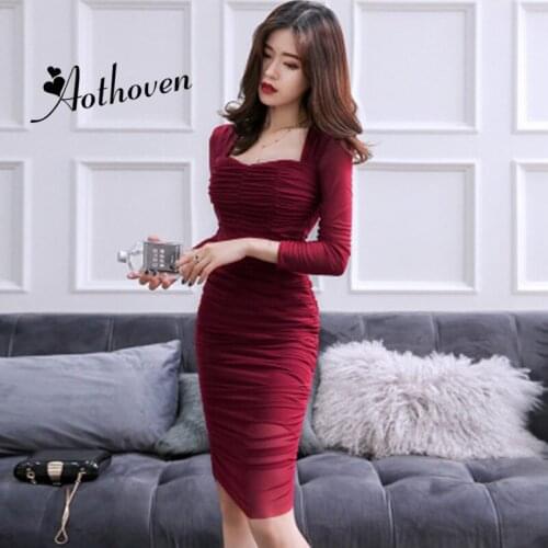 Womens Dresses Red Three Quarter Sleeve Dress Summer Office Lady Vintage Draped Bodycon Sexy Party Pencil Midi Bandage Dress