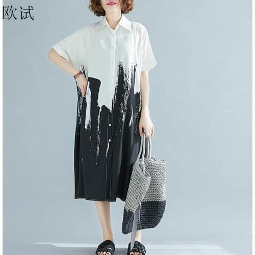 Plus Size Chiffon Long Shirt Dress Women Casual Loose Ladies Print Dresses Summer White Vintage Shirts Dress 2021 Robe Femme