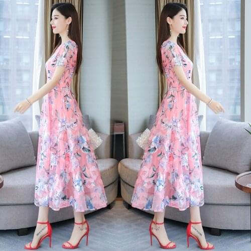 Elegant Chiffon Temperament Floral Short Sleeve V-neck 4XL Plus Size Women Dresses Fashion Beach Summer Vestido 3239