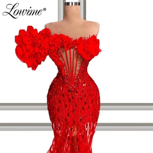 Crystals Red Beaded Custom Made Party Dress 2021 Dubai Arabic Saudi Arabia Aibye Mermaid Prom Dresses Evening Gowns Vestidos