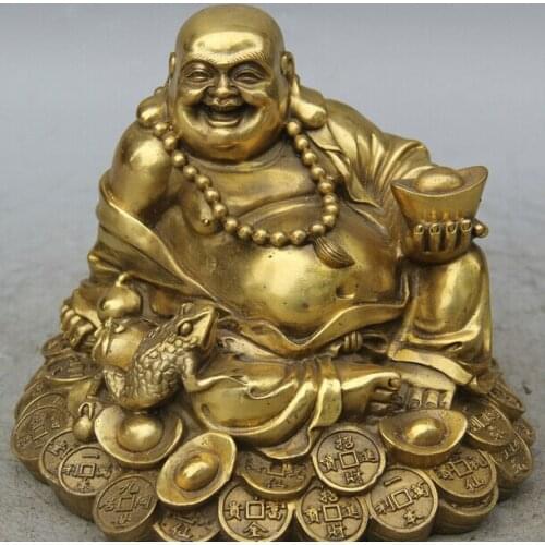 17cm 7" China Brass Seat Wealth Money Golden Toad Happy Laugh Maitreya Buddha Statue