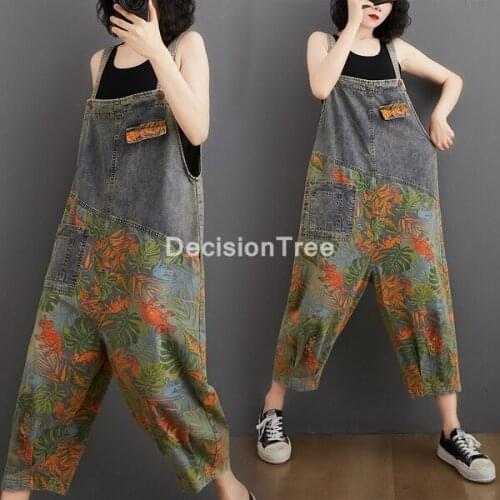 2021 women vintage printed jumpsuits overalls female print pattern washed bleached scratched rompers jeans pantalon palazzo