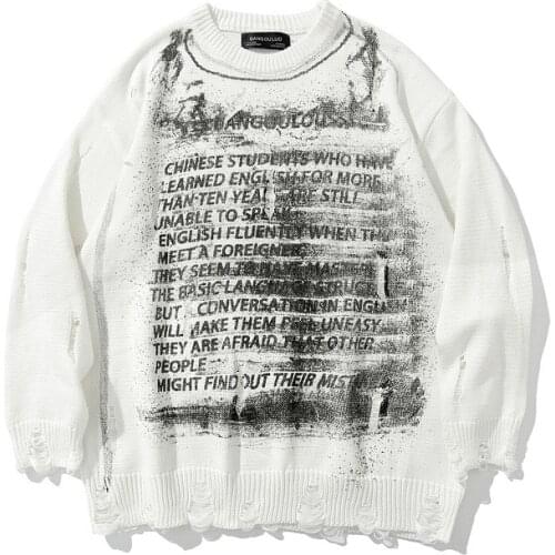 White Oversize Sweater Men Streetwear Harajuku Hip Hop Knitted Torn Ripped Sweater Male Aesthetic Sweter Letter Graphic Loose XL