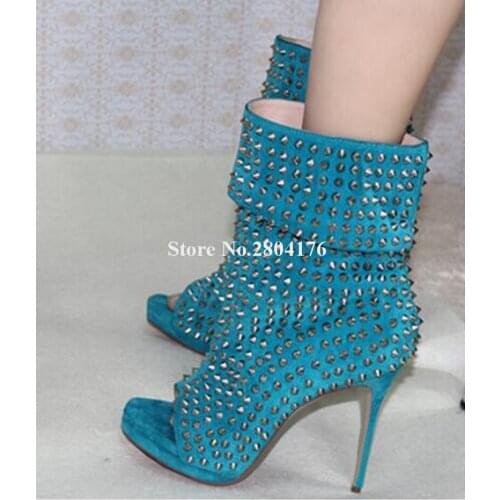 Brand Fashion Women Peep Toe Suede Leather Rivet Thin Heel Slip-on Short Boots Rose Pink Spike High Heel Ankle Wrap Booties