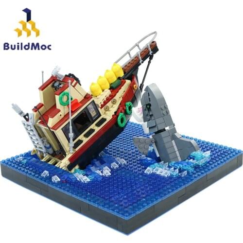 BuildMoc Creator Expert City Ocean Exploration Ship MOC Fishing Boat Shark Boat Building Blocks Bricks Creator Toys For Children