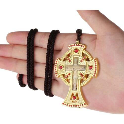 Crucifix Jesus Pectoral Cross Icon Pendant Necklace for Pastor Braided Rope Chain Necklace Religious Baptism Prayer Jewelry