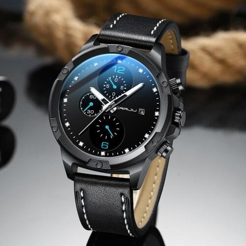 Watch CRRJU Mens Sport Wristwatches Fashion Luxury Waterproof Date Window Quartz Black Leather Watch for Male relogio masculino