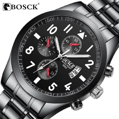 BOSCK Mens Fashion Black Stainless Steel Mens Quartz Watch Luminous Waterproof Calendar Clock Casual Sports Relogio Masculino