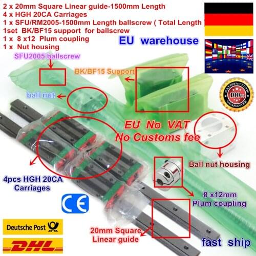 DE 2pcs Square Linear guide rails L-1500mm & 1pcs Ballscrew SFU2005-1500mm ball screw with Nut & 1set BK/B15 & Coupling for CNC