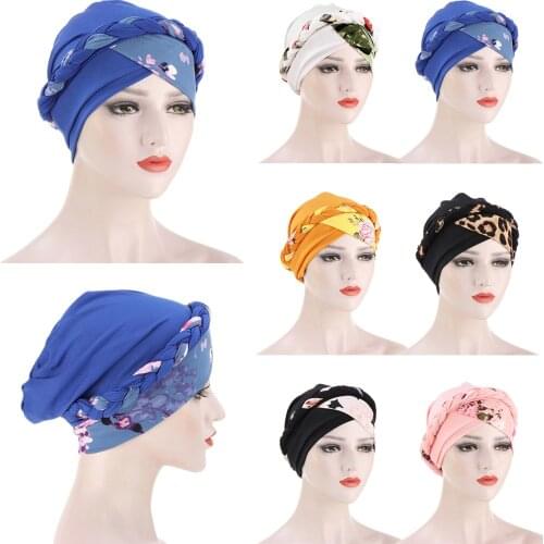 Women Ladies Muslim Hair Loss Stretch Turban Caps Cancer Chemo Hat Solid Color Braid Print Head Scarf Beanie Bonnet Head Wrap