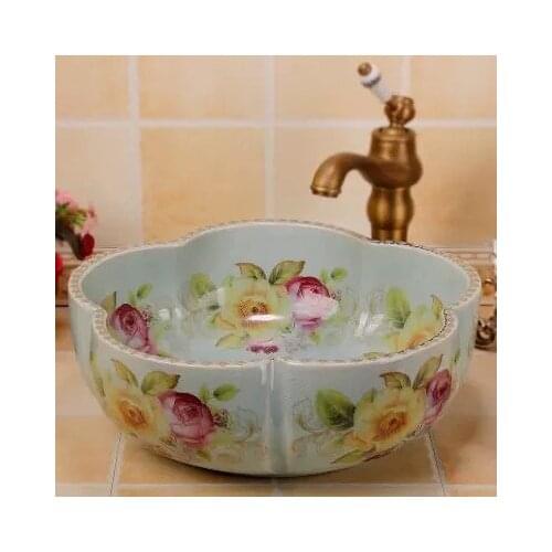 Ice crakle flower rose painted ceramic hotel home bathroom hand wash basin sink