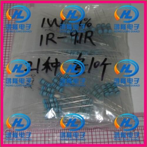 1W Metal Film Resistor Kit 1R-9.1R Resistor Pack 1W 1% samples psck Assorted Kit 21valuesX10pcs=210pcs/lot