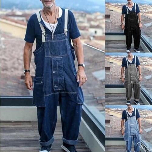 Mens Overalls Casual Loose Jeans Trousers Casual Bib Multi-Pocket Denim Pants