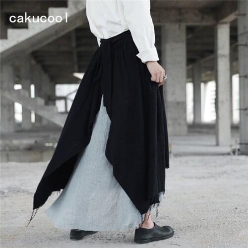 Cakucool New Asymmetric Skirt Women Gothic Broken Ripped Novelty High Waist Skirts Goth Japanese Mid Long Linen Skirt Black Maxi