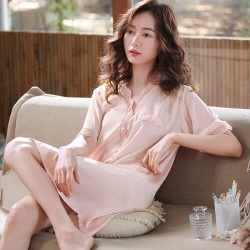 Solid Rayon Nightgowns Sexy Women Loose Short Sleeve Lace Trim V-Neck Home Nightdress Dress Womens Summer Silky Sleepshirt