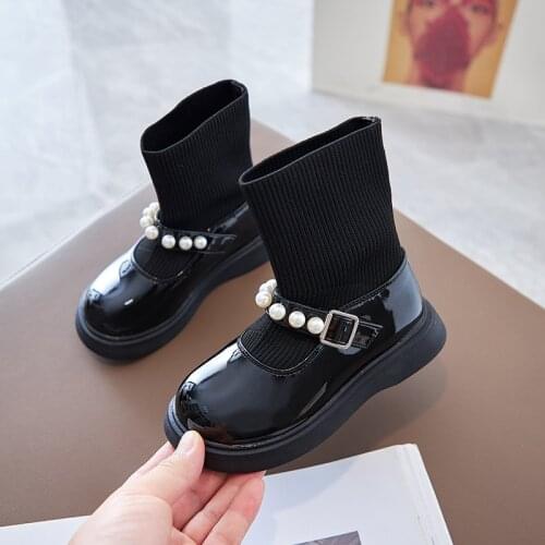 2021 Autumn and Winter Children Casual Knit Socks Boots Bright Leather Princess Short Boots Girls Pearl Shoes Hot Sweet Chain
