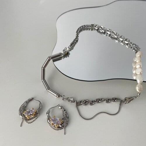 Origin Summer Luxury Asymmetric Beaded Freshwater Pearl Chokers Necklace for Women Textured Chunky Chain Rhinestone Jewelry