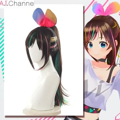 Kizuna AI Cosplay Hair Vtuber Hello World Cosplay Wigs Ai-chan Youtuber 60cm Brown Pink Long Ponytail Hair Straight