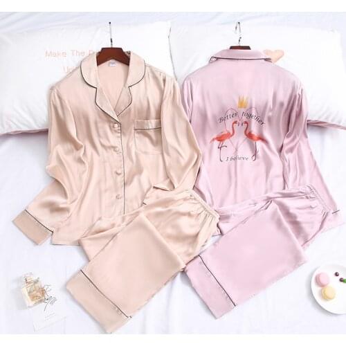 Couple Pajamas Girl Spring Autumn Ice Silk Cartoon Cute Flamingo Thin Long Sleeve Silk Mens Home Wear Set