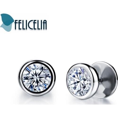 Felicelia 10mm Mens Stud Earrings With Cubic Zirconia Stainless Steel Illusion Tunnel Fake Ear Plugs Men Women Unisex Earrings