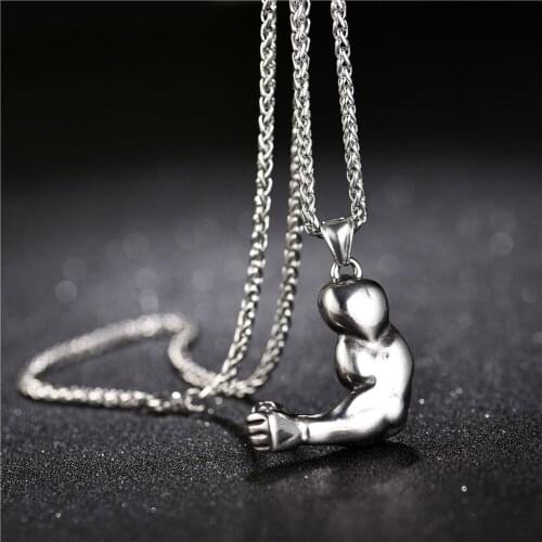 Strong Muscle Arm Pendant Necklaces Men Stainless Steel Sports Fitness Hip Hop Bodybuilding Necklace With Gift Bags