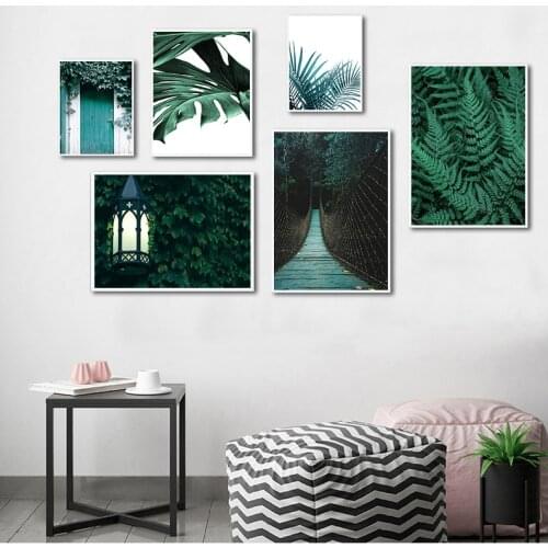 Fresh Green Leaves Bridge Door Wall Art Canvas Painting Nordic Posters And Prints Plant Wall Pictures For Living Room Home Decor