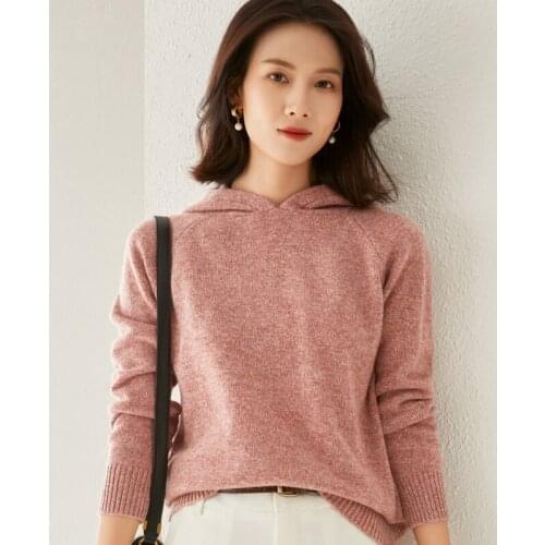 LHZSYY Autumn Winter Thick Hooded Cashmere Sweater Womens Large Size Wild Short 100%Wool Sweater European Knit Bottoming Hoodie