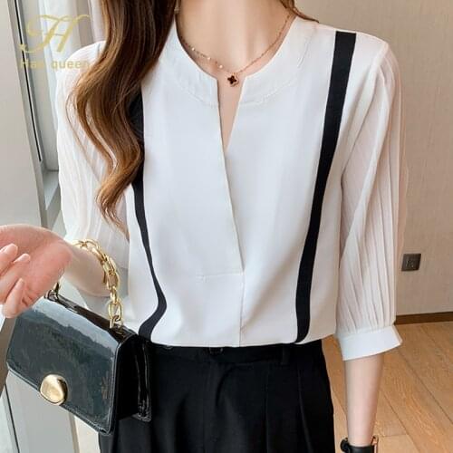 H Han Queen OL Style White Shirts for Women Chiffon Blouse Chic Tops Elegant Workwear Female Top blusas femme 2021 Summer