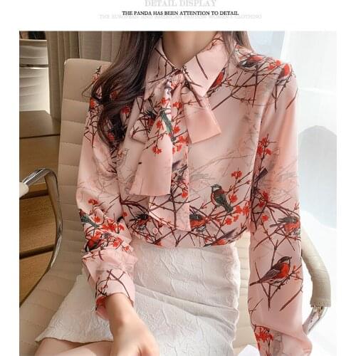 Spring new Korean style loose bow knot temperament printed floral shirt women 2021 long-sleeved chiffon shirt