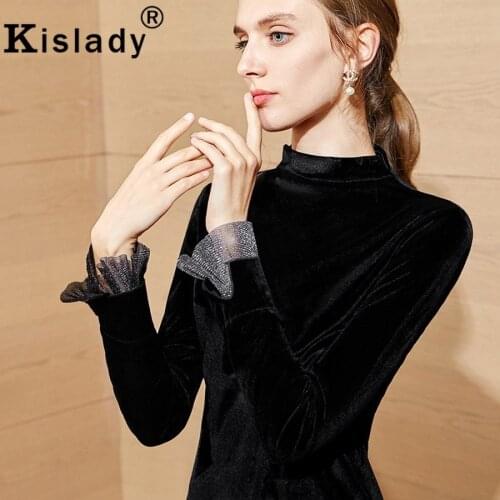 2020 New Spring Fall Womens Velvet Long Sleeve Gothic Tops Sexy Lace Patchwork ShirtsTurtleneck Harajuku OL Korean Clothes