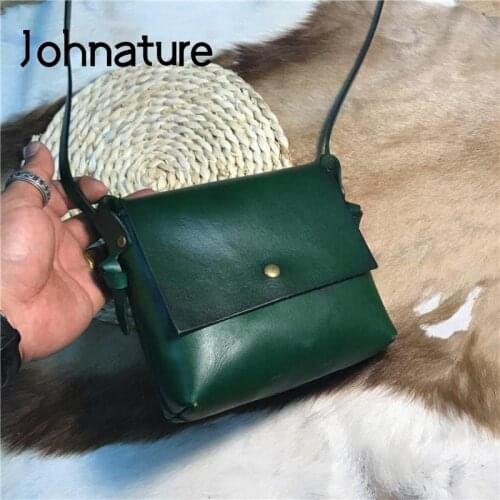 Johnature Genuine Leather Ladies Mini Bags 2020 New Handmade Cowhide Vintage Small Bag Simple Solid Color Shoulder Messenger Bag