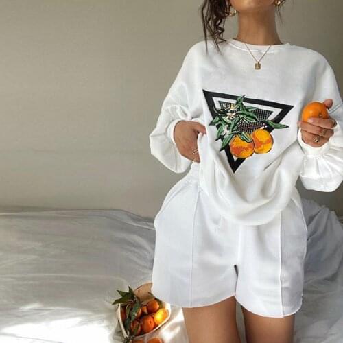 LZYVOO Autumn Two Piece Set Women Shorts Outfit Fashion Printed Loose Sweater Without Hood Straight Shorts Casual Suit