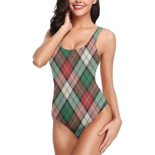 Womens Retro High Cut Low Back One-Piece Swimwear Bathing Suits Monokini Green Red Bias Christmas Plaid Burlap
