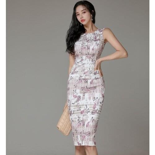 Elegant Retro Print Vestidos Summer New 2021 Women Sleeveless O-Neck Vest Midi Dress Fashion Office Lady Slim Bodycon Dress