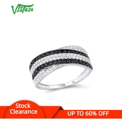 VISTOSO Gold Rings For Women Genuine 9K 375 White Gold Ring Sparkling White CZ Black Spinel Promise Band Rings Fine Jewelry